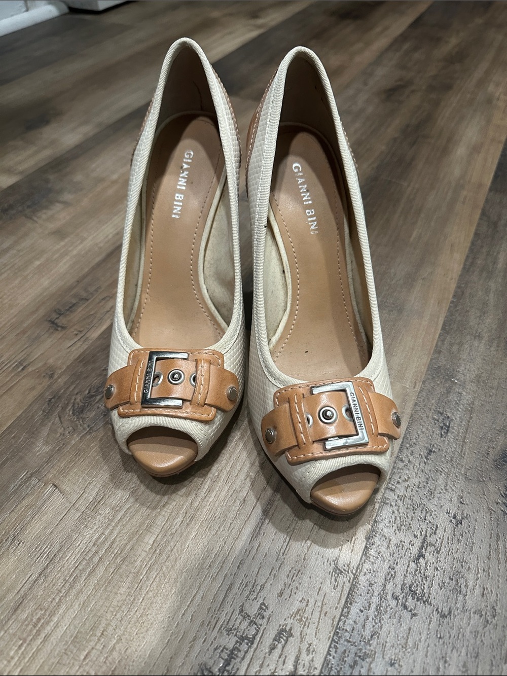 Gianni Bini Cream Peep-Toe Heels with Tan Buckle Detail